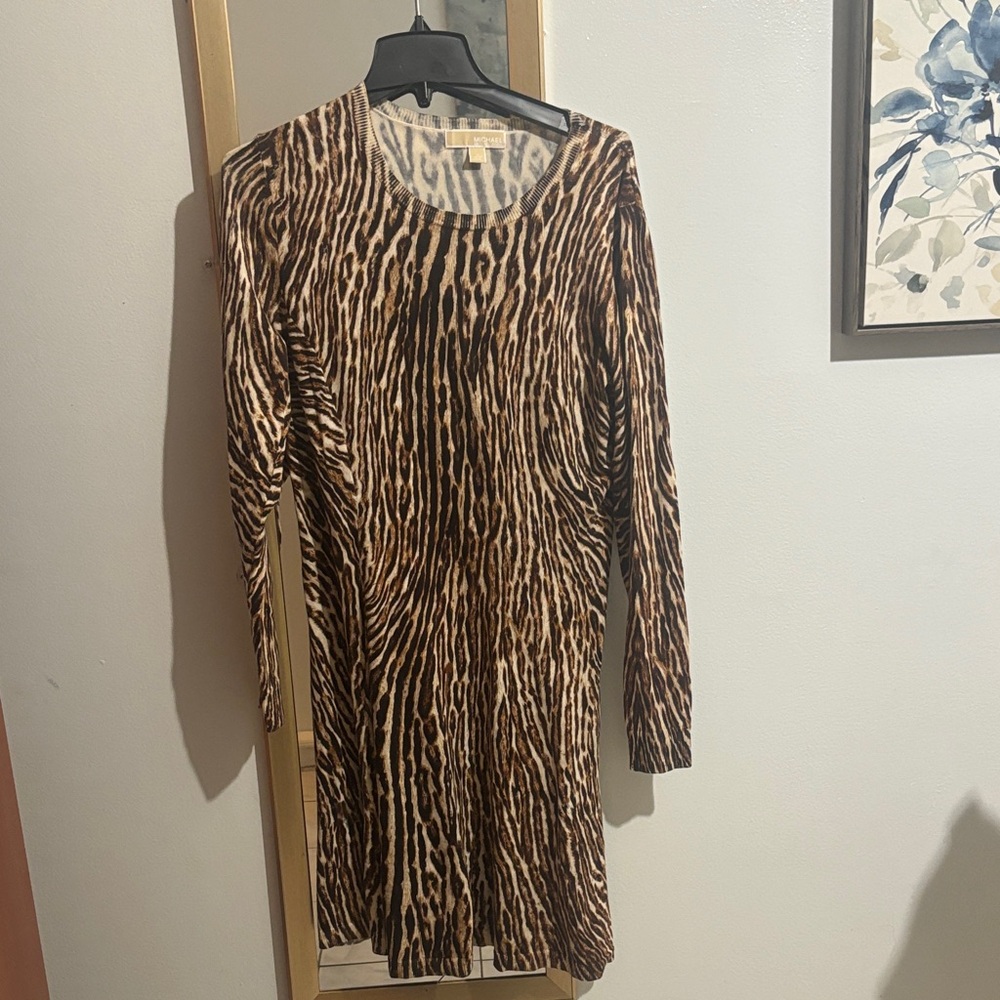 Michael Kors Brown and Black Animal Print Long Sleeve Dress
